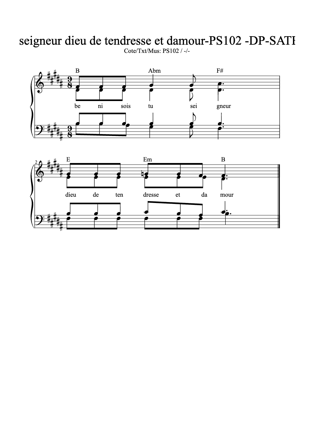 Sheet music preview for Béni Sois-Tu, Seigneur, Dieu de Tendresse et d'Amour