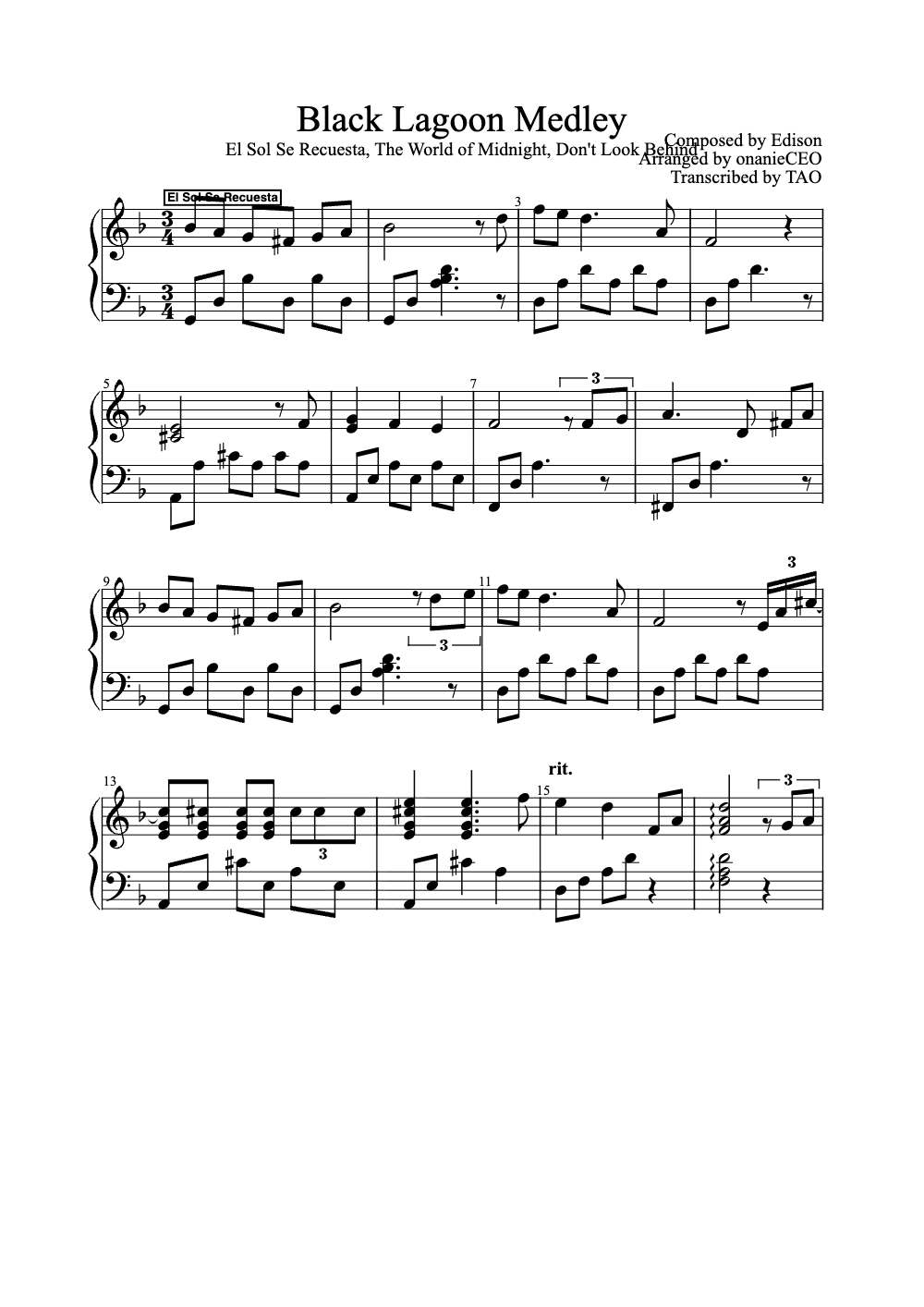 Sheet music preview for Black Lagoon Medley