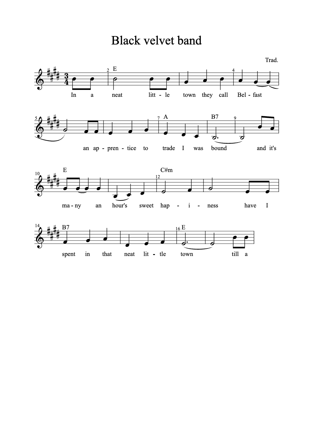 Sheet music preview for Black Velvet Band