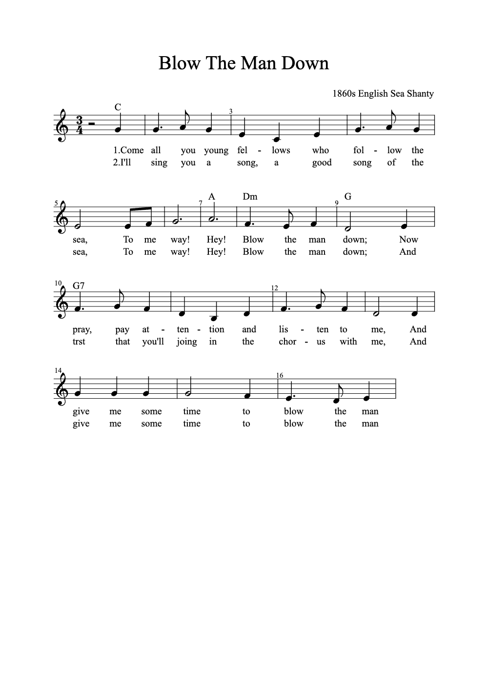 Sheet music preview for Blow the Man Down