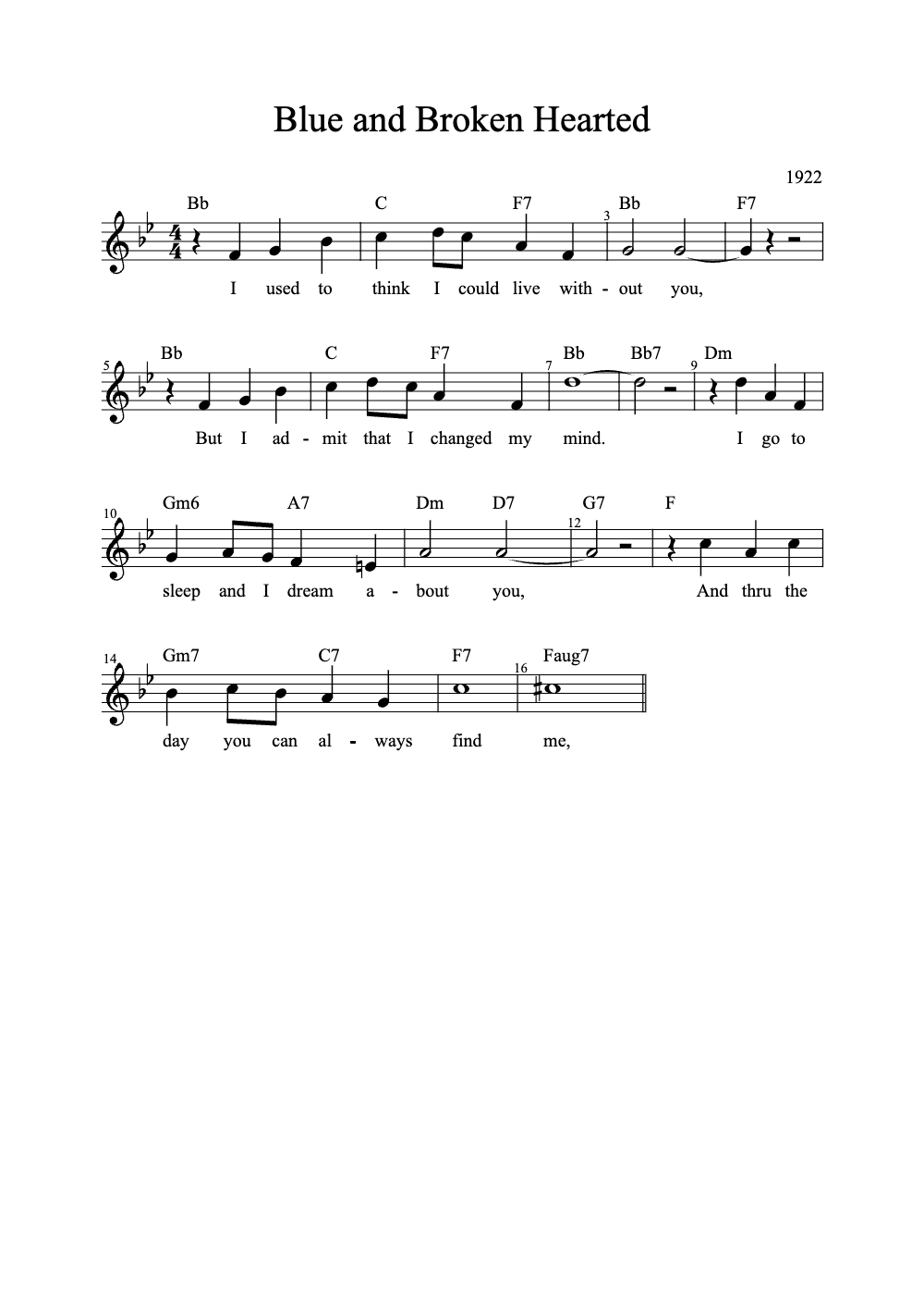 Sheet music preview for Blue and Broken Hearted