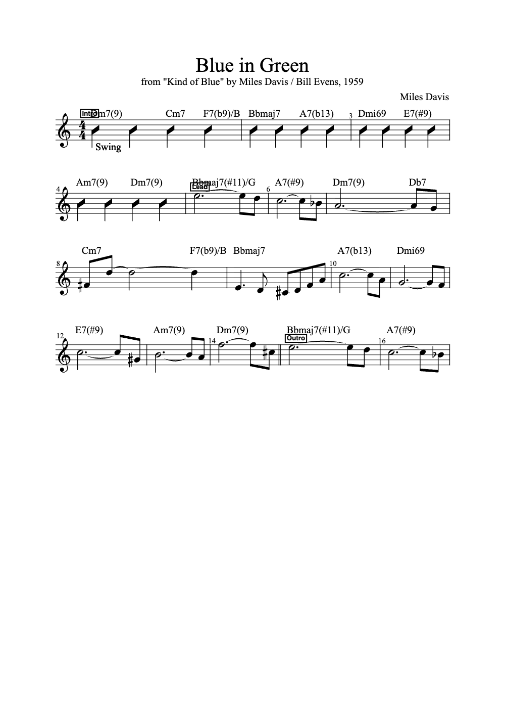 Sheet music preview for Blue in Green