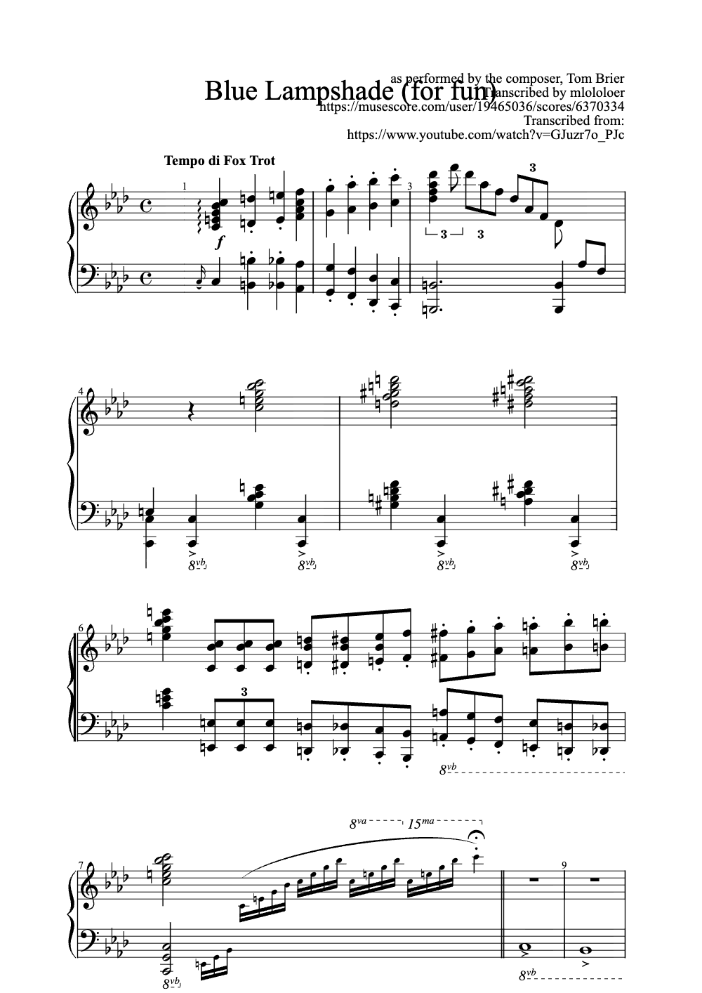 Sheet music preview for Blue Lampshade