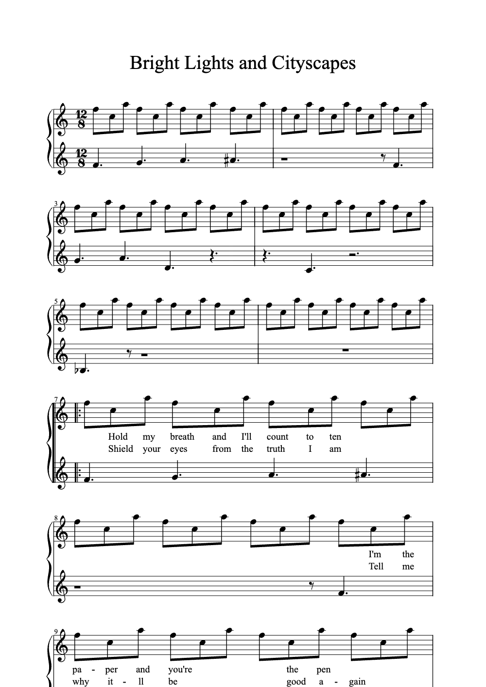 Sheet music preview for Bright Lights and Cityscapes