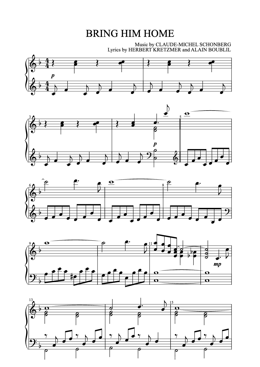 Sheet music preview for Bring Him Home
