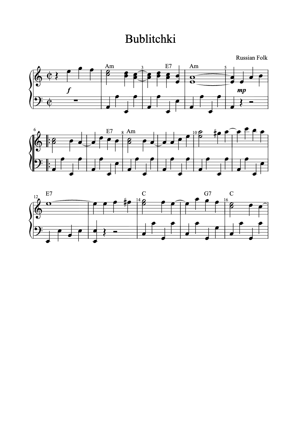 Sheet music preview for Bublitchki