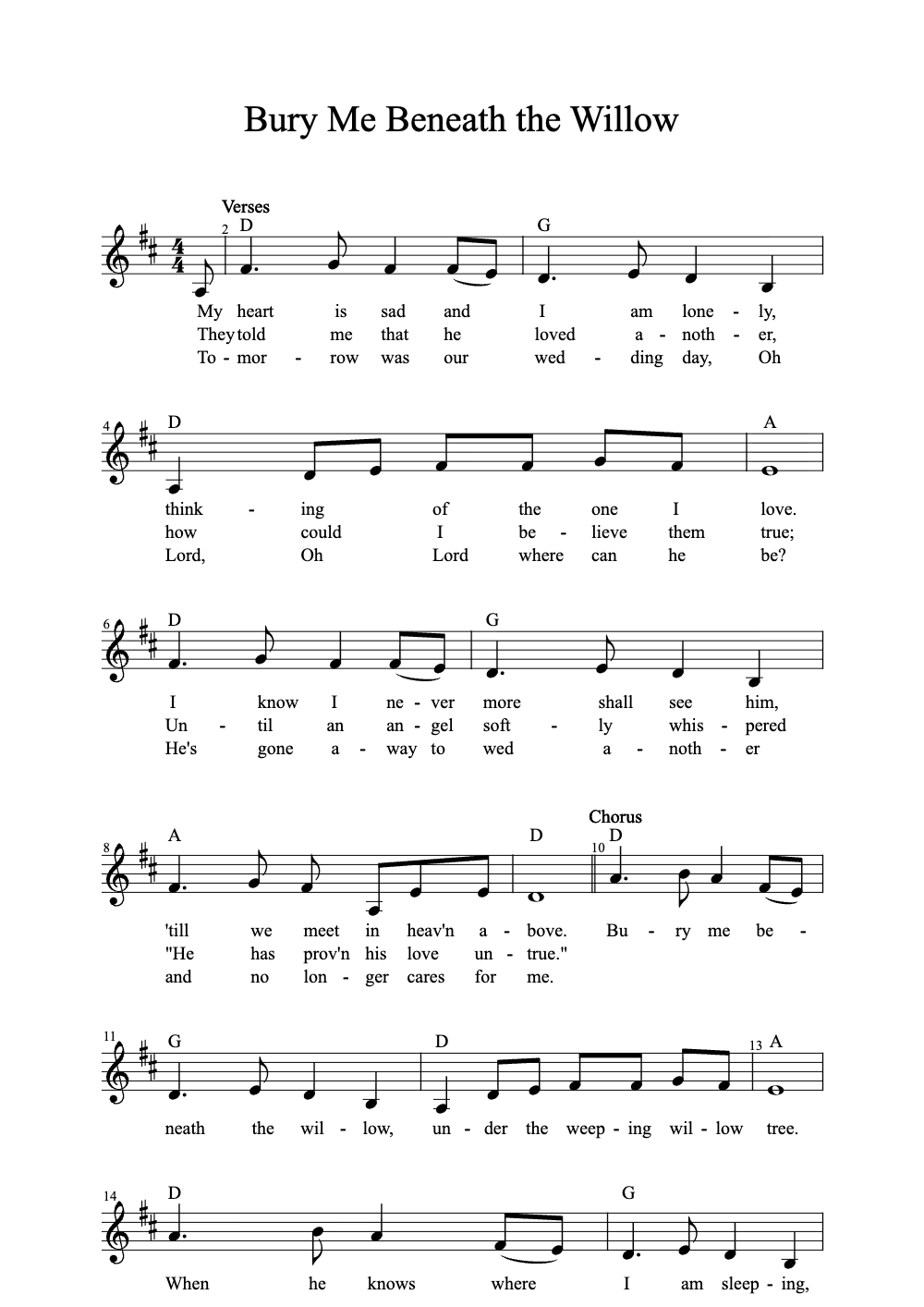 Sheet music preview for Bury Me Beneath the Willow