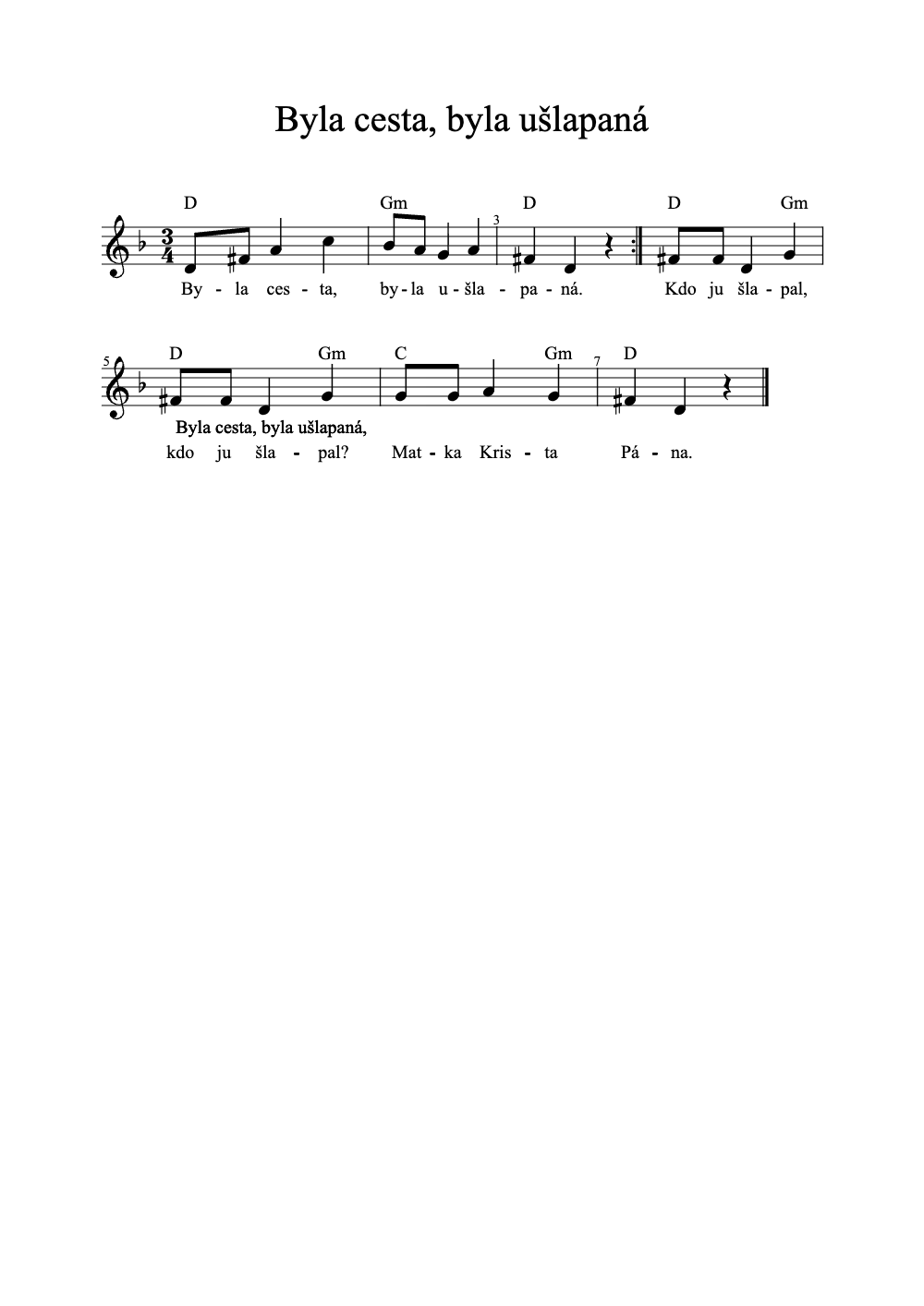 Sheet music preview for Byla Cesta, Byla Ušlapaná