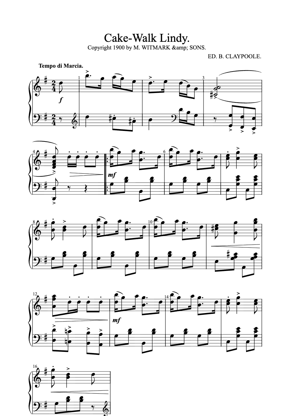 Sheet music preview for Cake-Walk Lindy