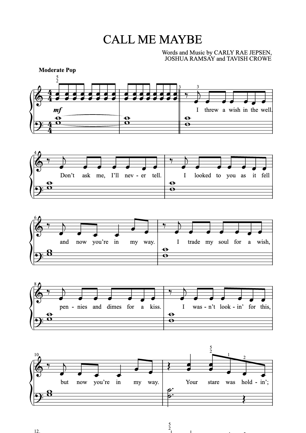 Sheet music preview for Call Me Maybe