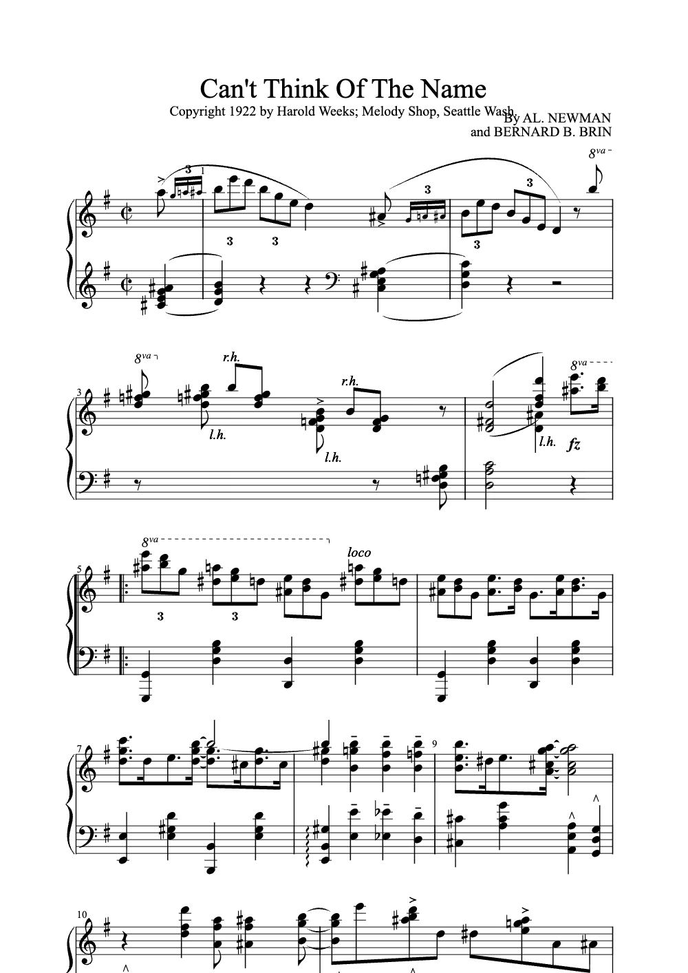 Sheet music preview for Can't Think of the Name