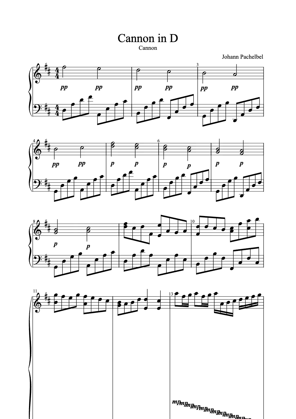 Sheet music preview for Canon in D