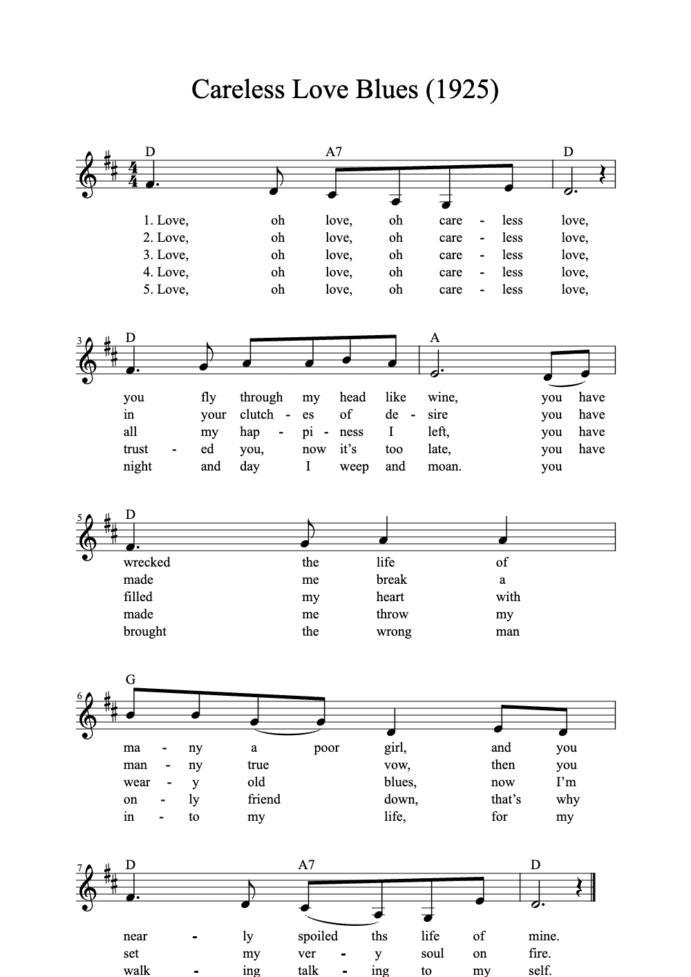 Sheet music preview for Careless Love Blues