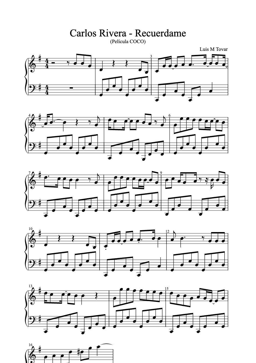 Sheet music preview for Recuerdame
