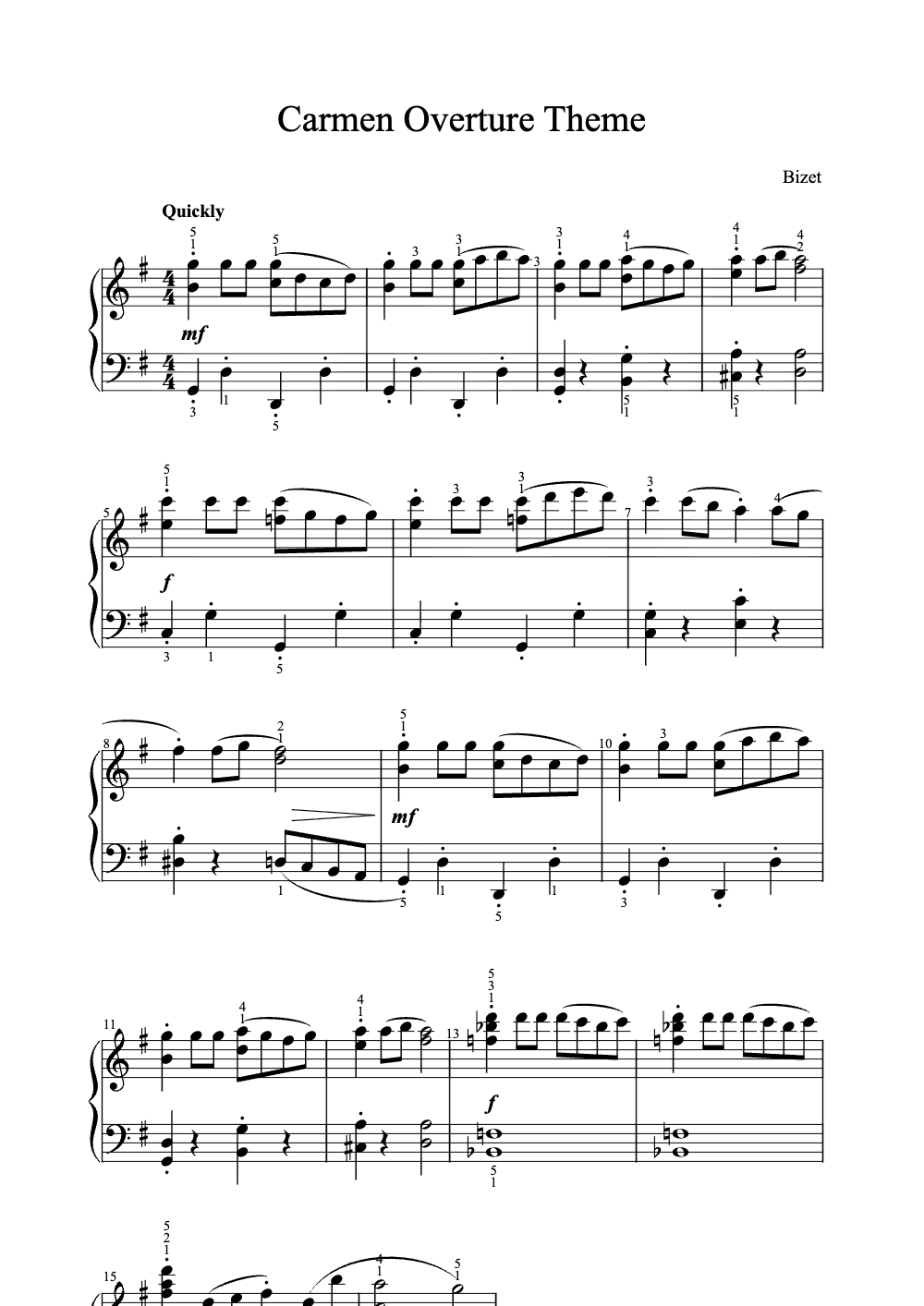 Sheet music preview for Carmen Overture Theme