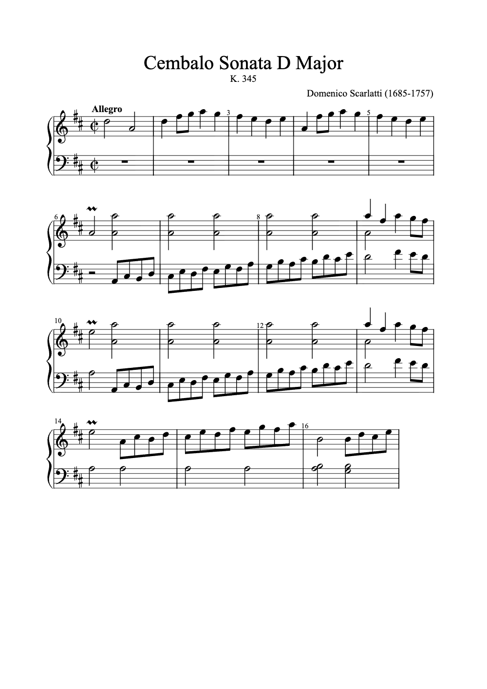 Sheet music preview for Cembalo Sonata D Major