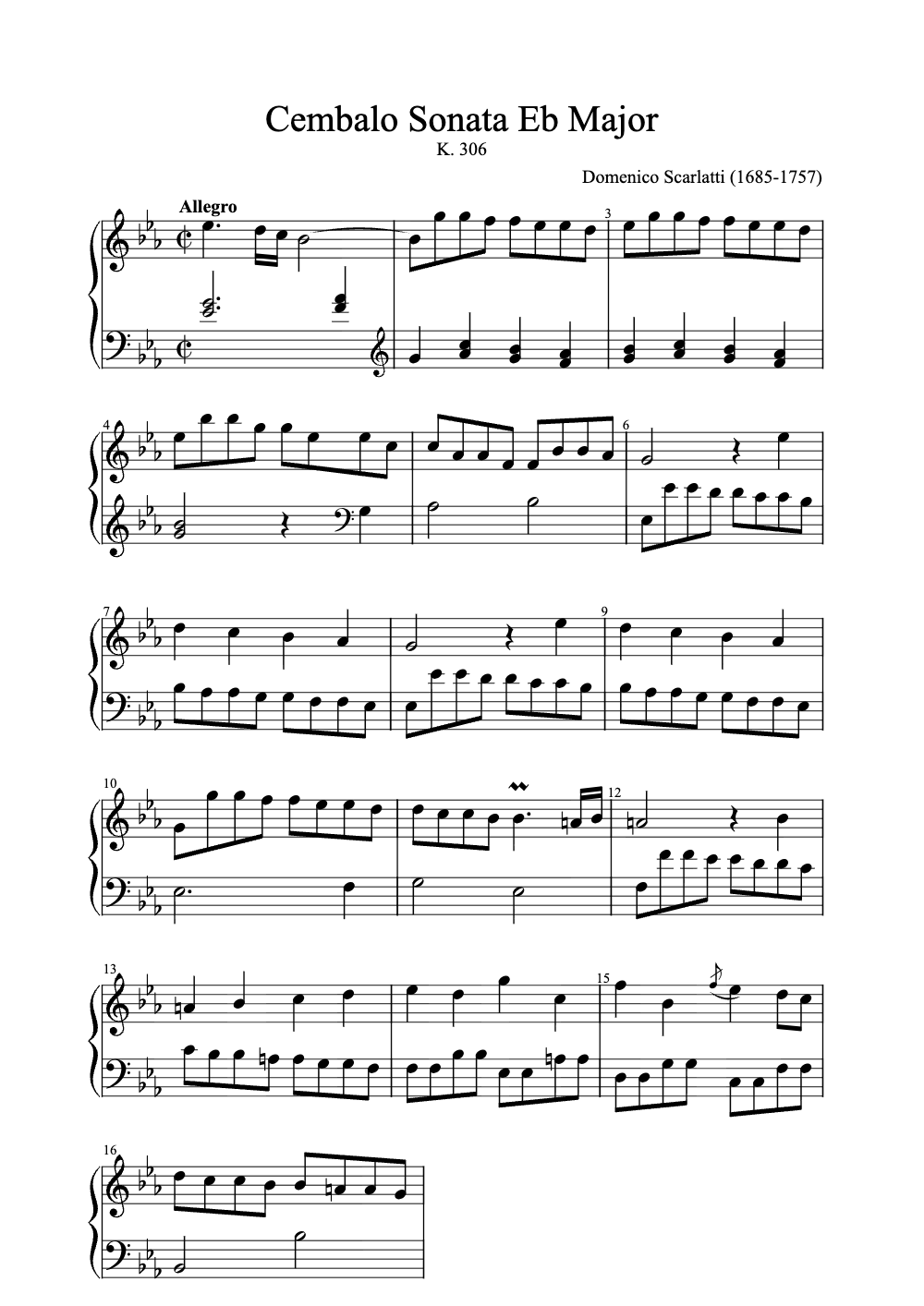 Sheet music preview for Cembalo Sonata in E-flat Major