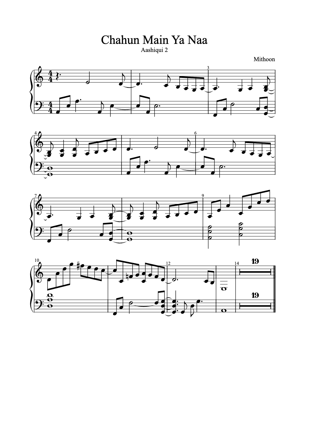 Sheet music preview for Chahun Main Ya Naa
