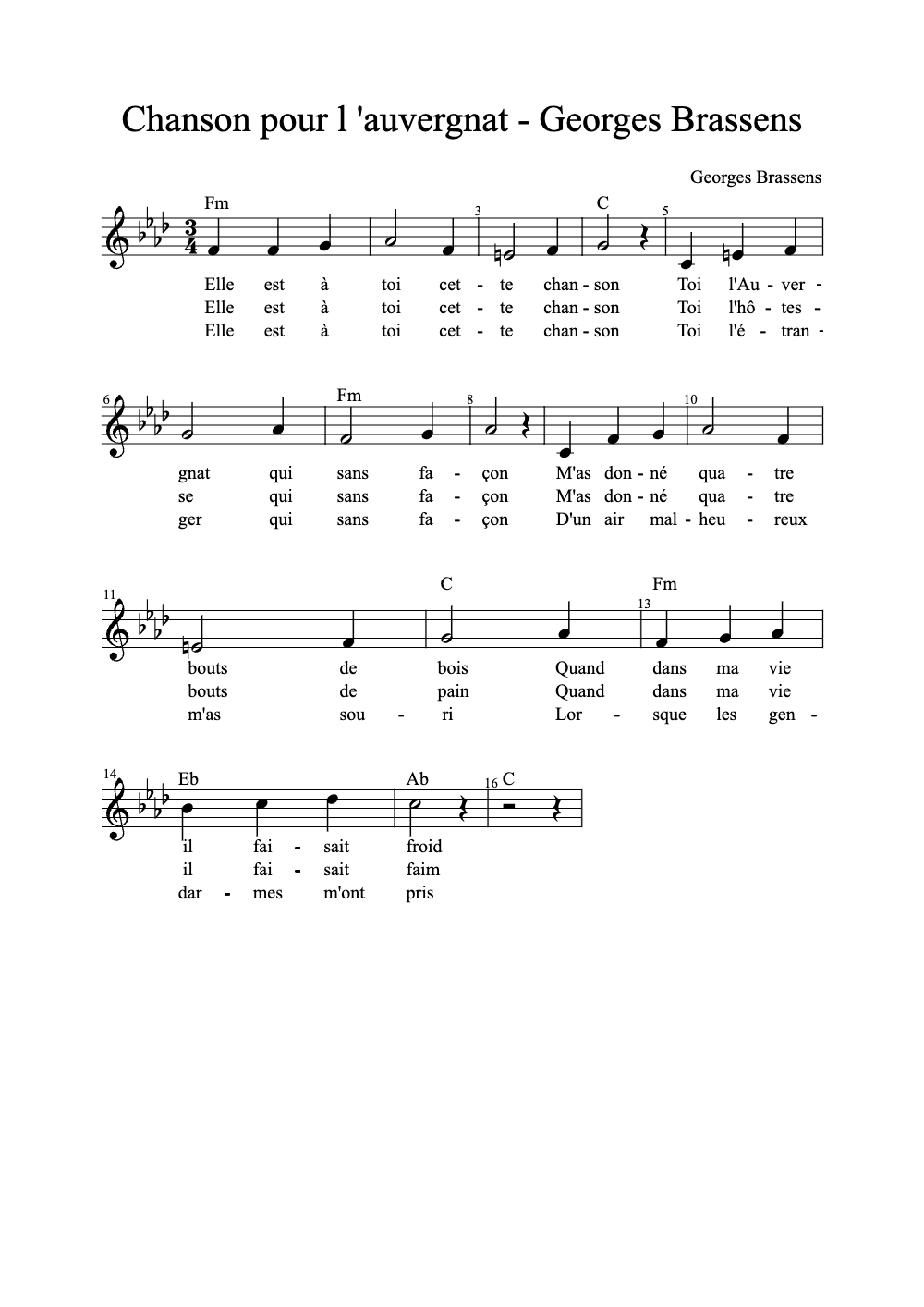 Sheet music preview for Chanson Pour L'Auvergnat