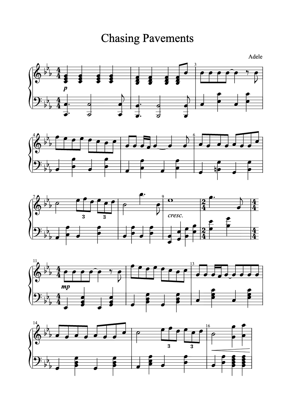 Sheet music preview for Chasing Pavements