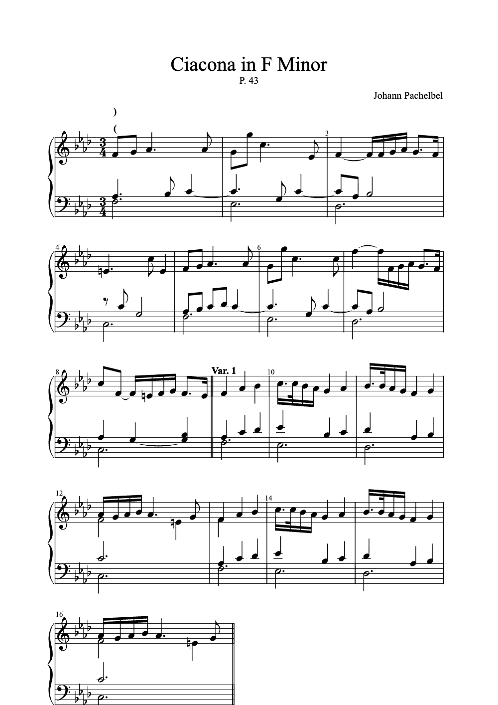 Sheet music preview for Ciacona in F Minor