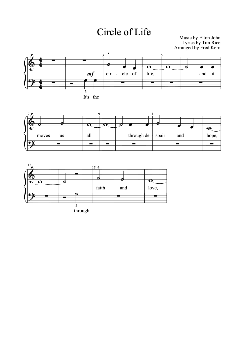 Sheet music preview for Circle of Life