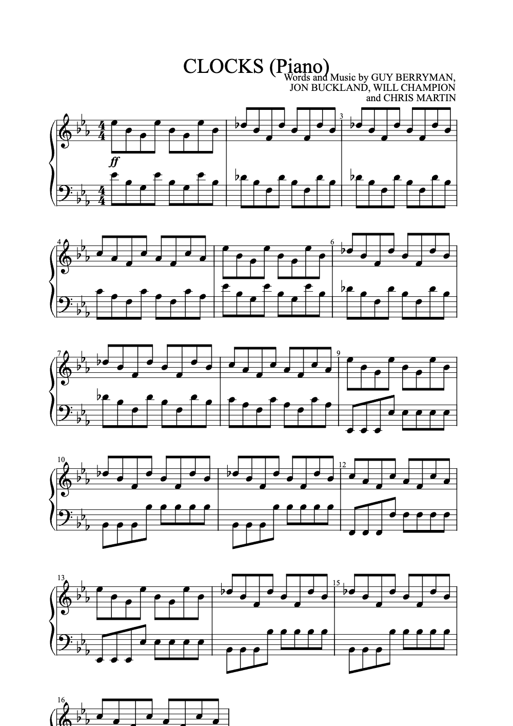 Sheet music preview for Clocks