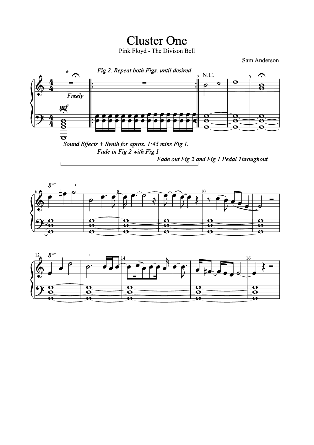 Sheet music preview for Cluster One