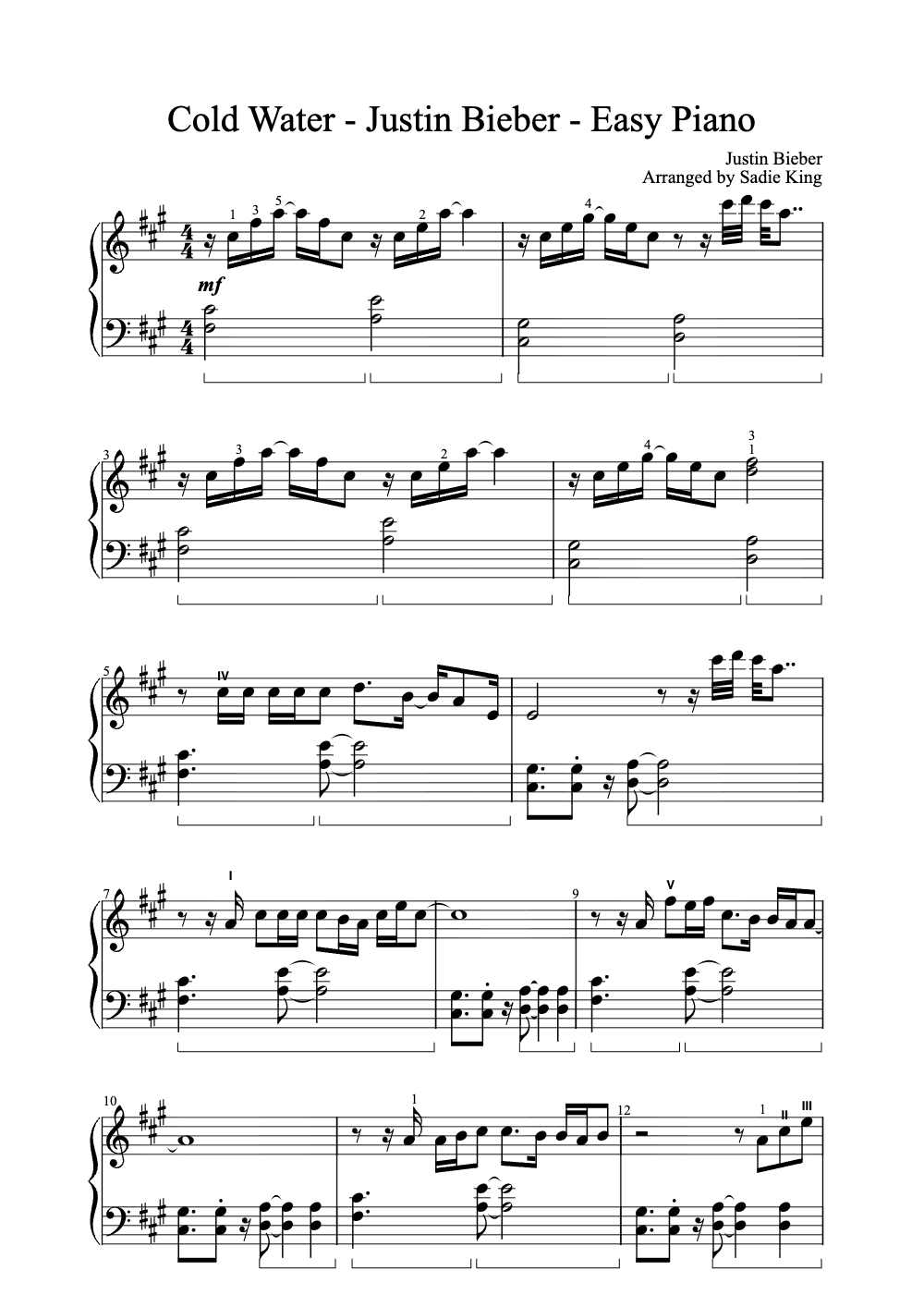 Sheet music preview for Cold Water