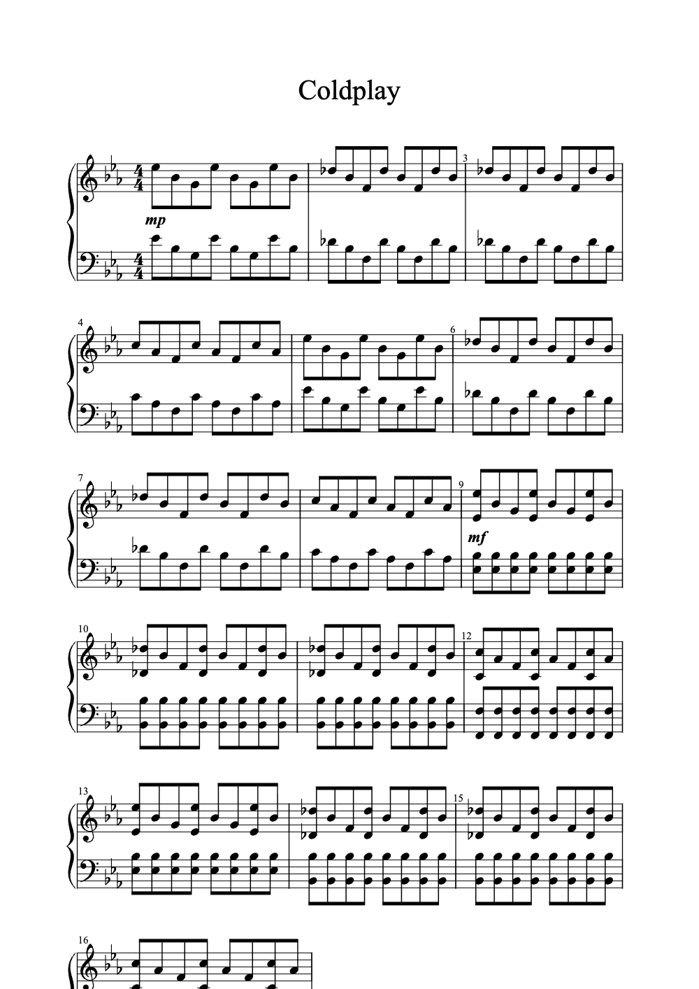 Sheet music preview for Coldplay