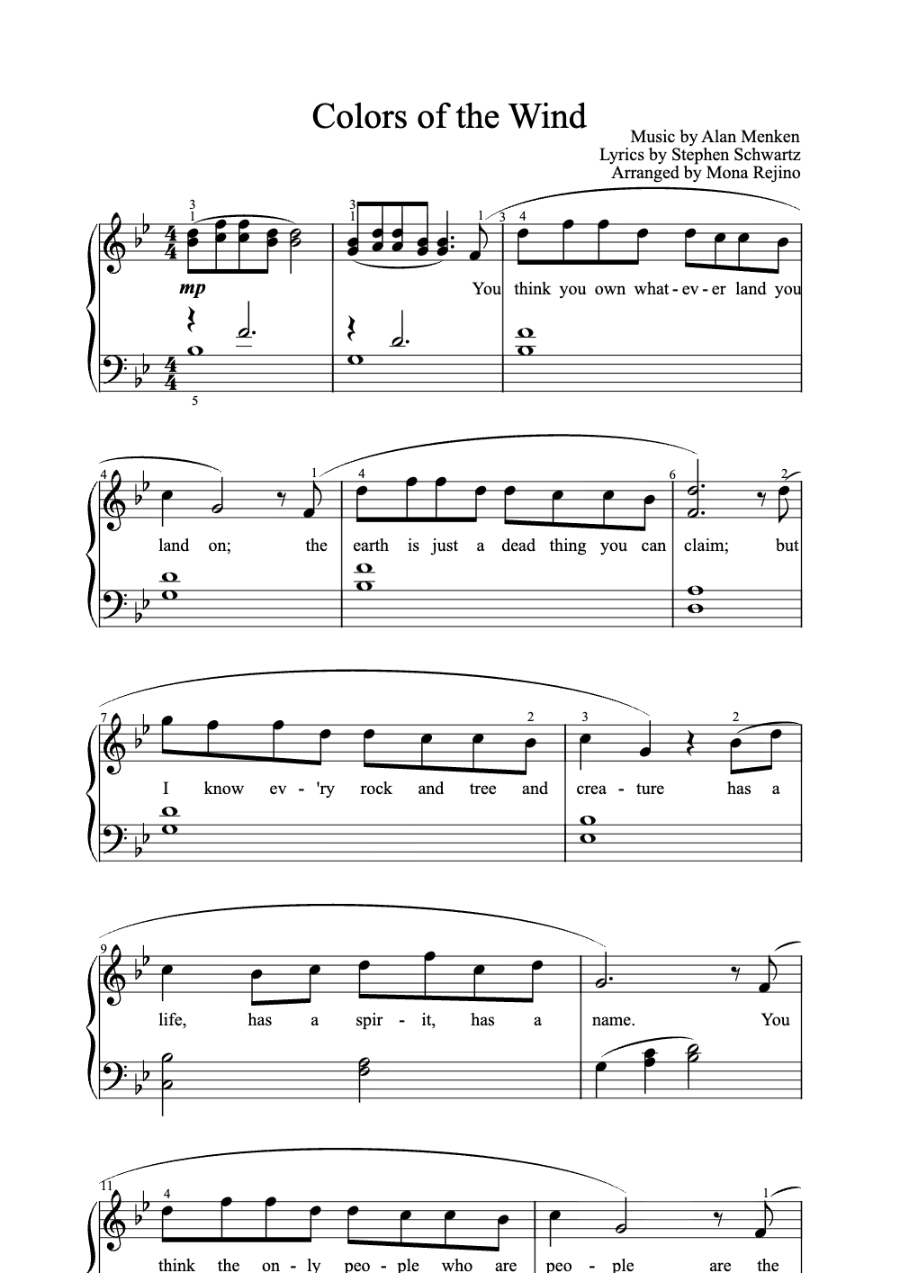 Sheet music preview for Colors of the Wind