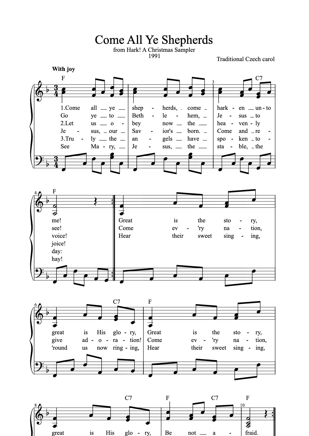 Sheet music preview for Come All Ye Shepherds