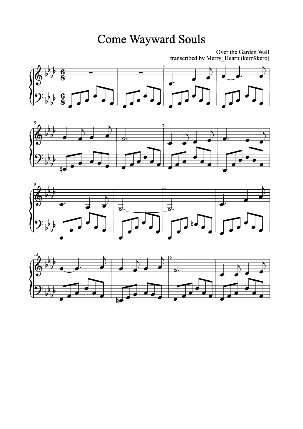 Sheet music preview for Come Wayward Souls