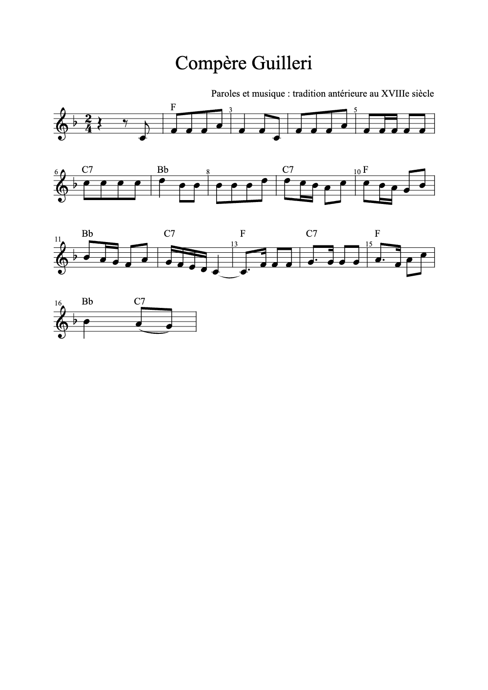 Sheet music preview for Compère Guilleri