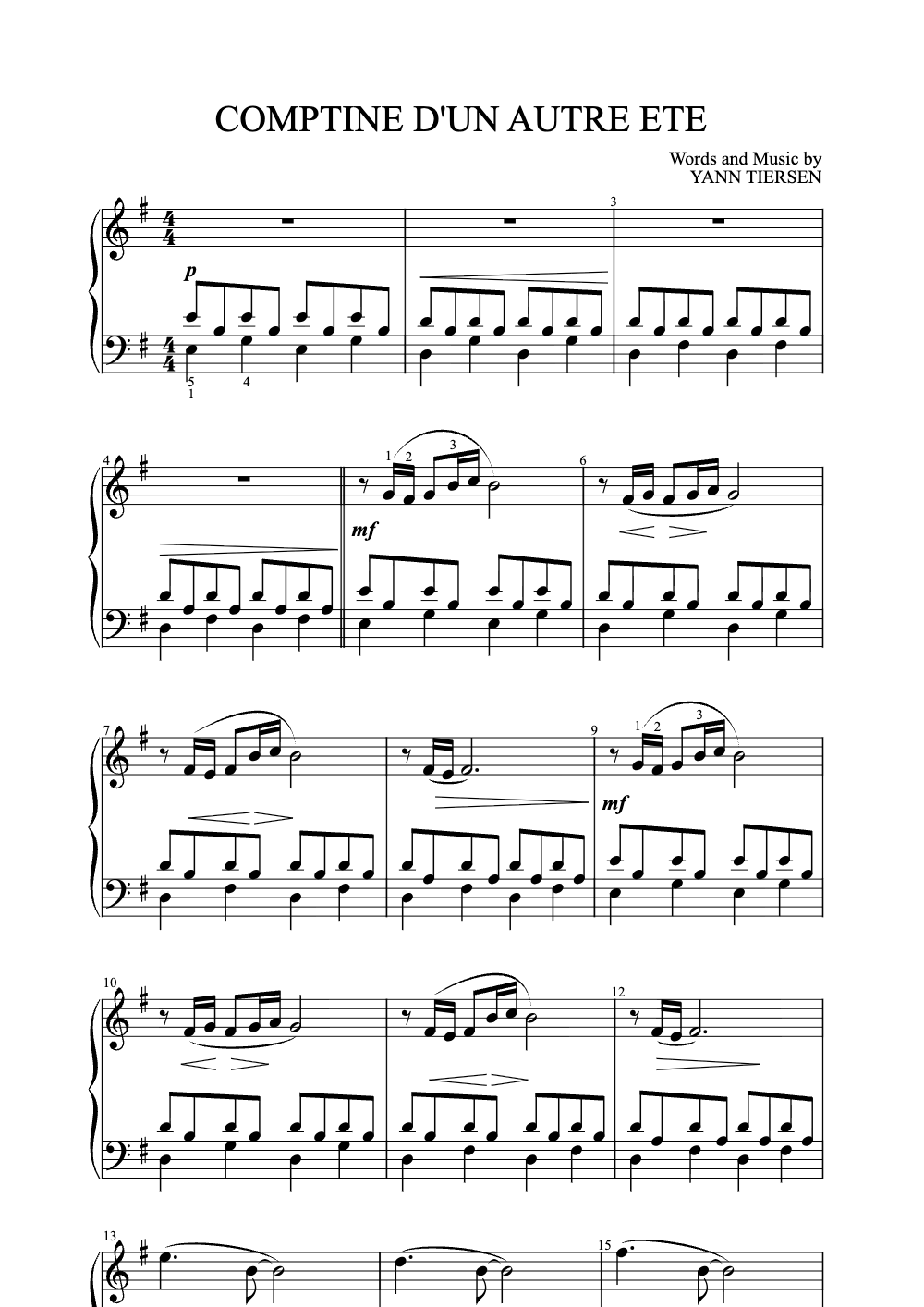 Sheet music preview for Comptine D'un Autre Été