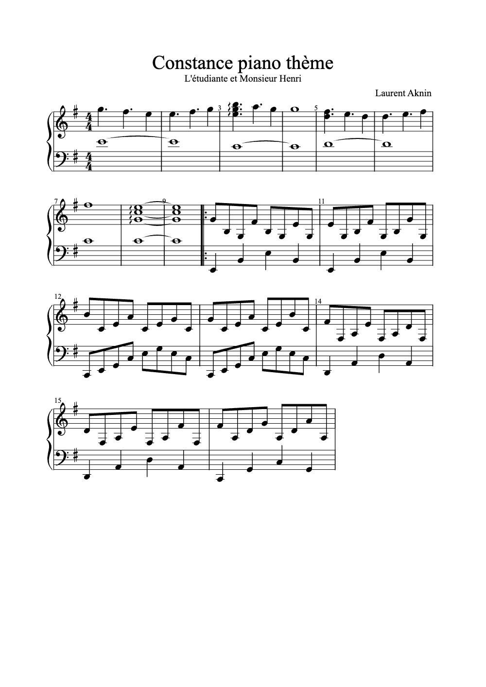 Sheet music preview for Constance Piano Thème