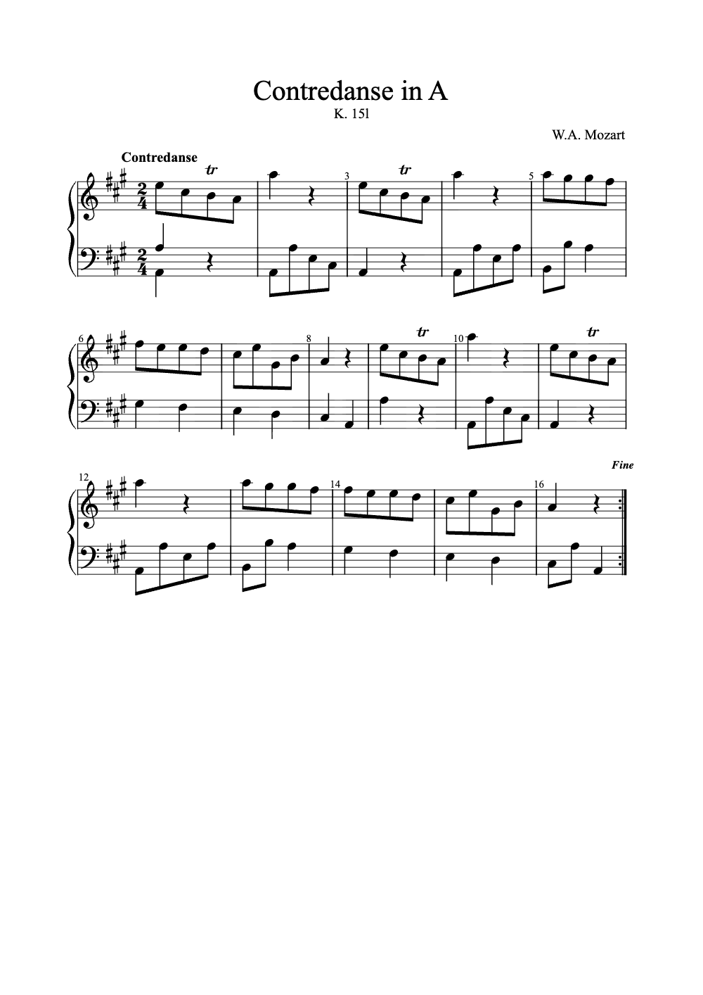 Sheet music preview for Contredanse in A