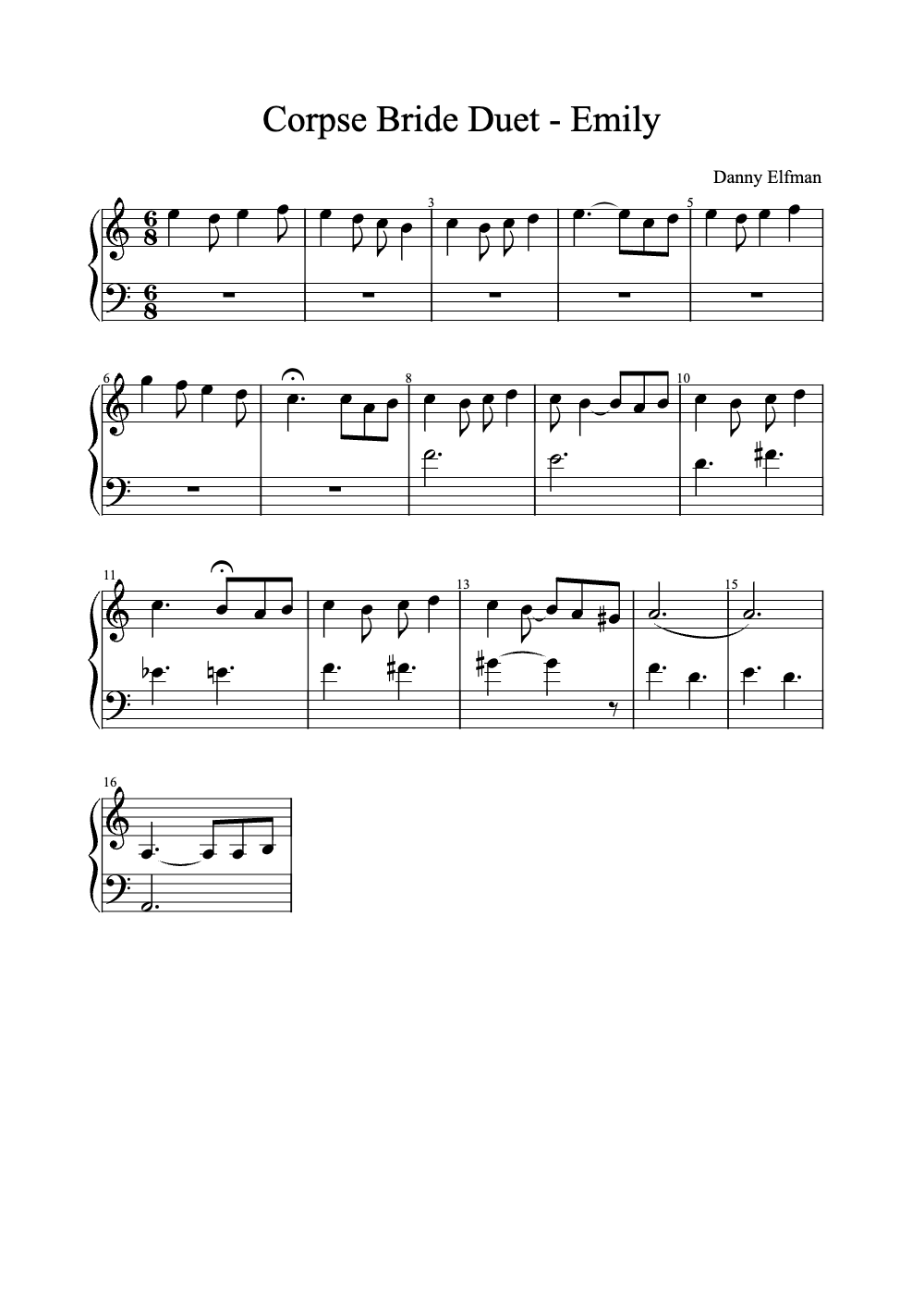 Sheet music preview for Corpse Bride Duet