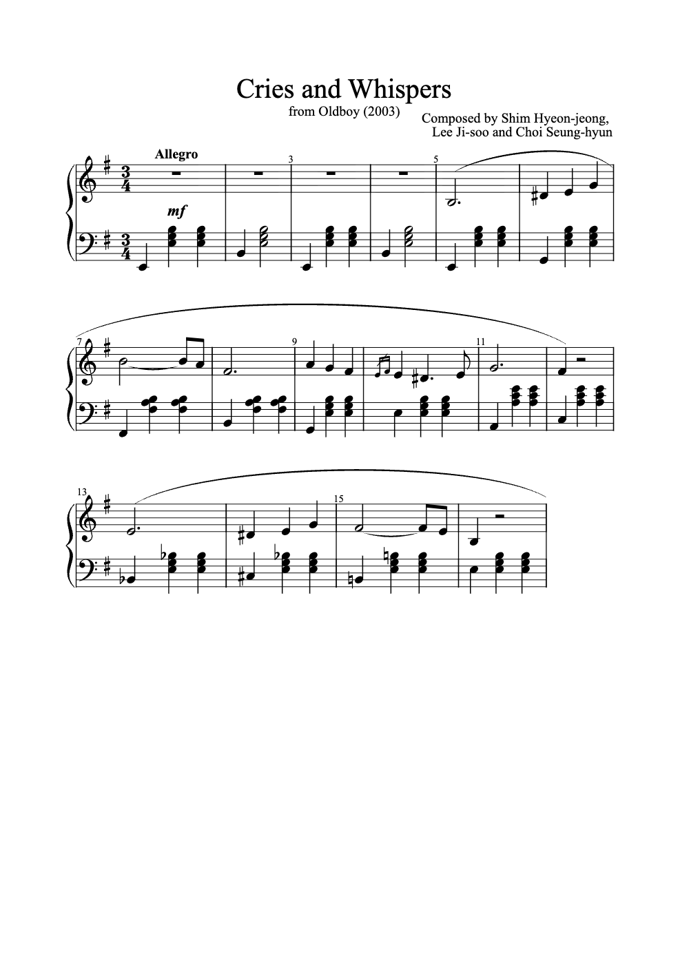 Sheet music preview for Cries and Whispers