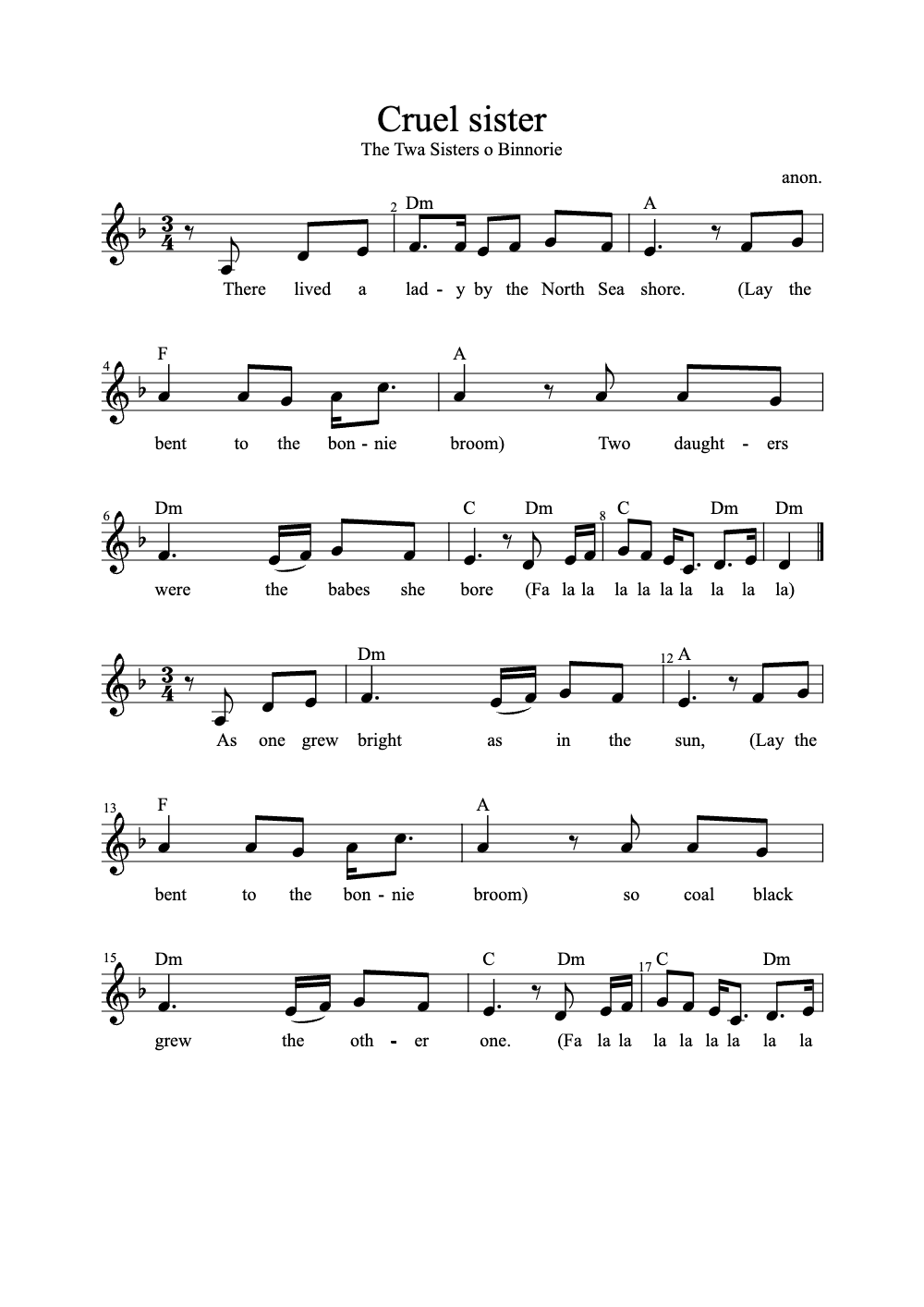 Sheet music preview for Cruel Sister