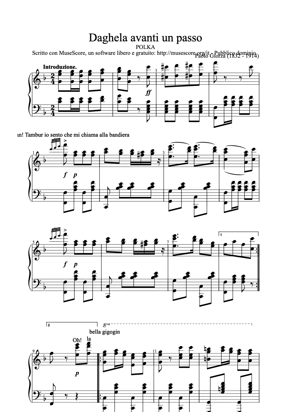 Sheet music preview for Daghela Avanti Un Passo