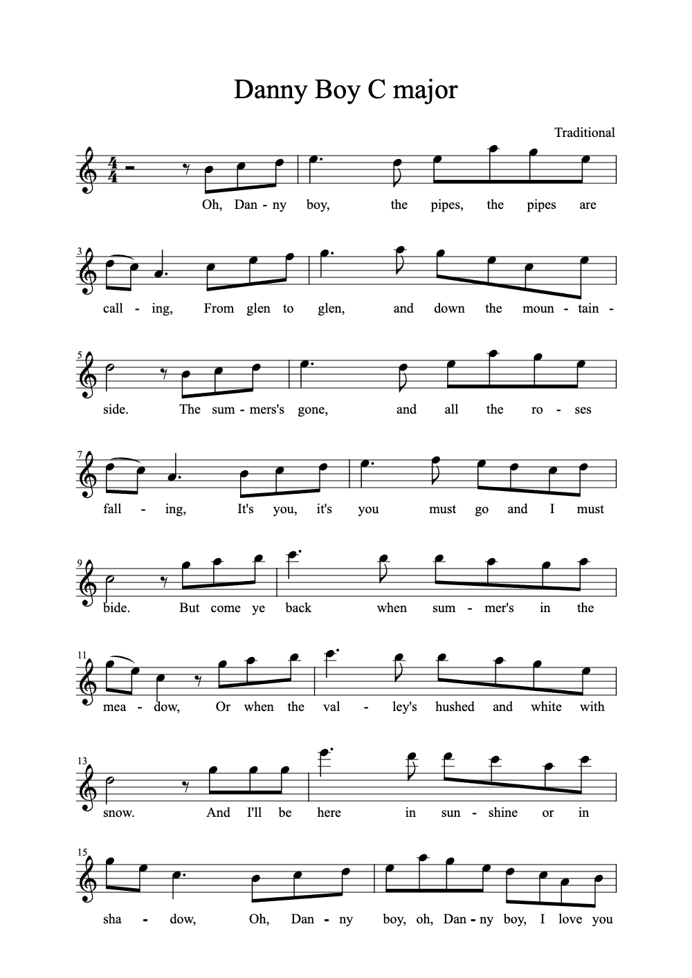 Sheet music preview for Danny Boy