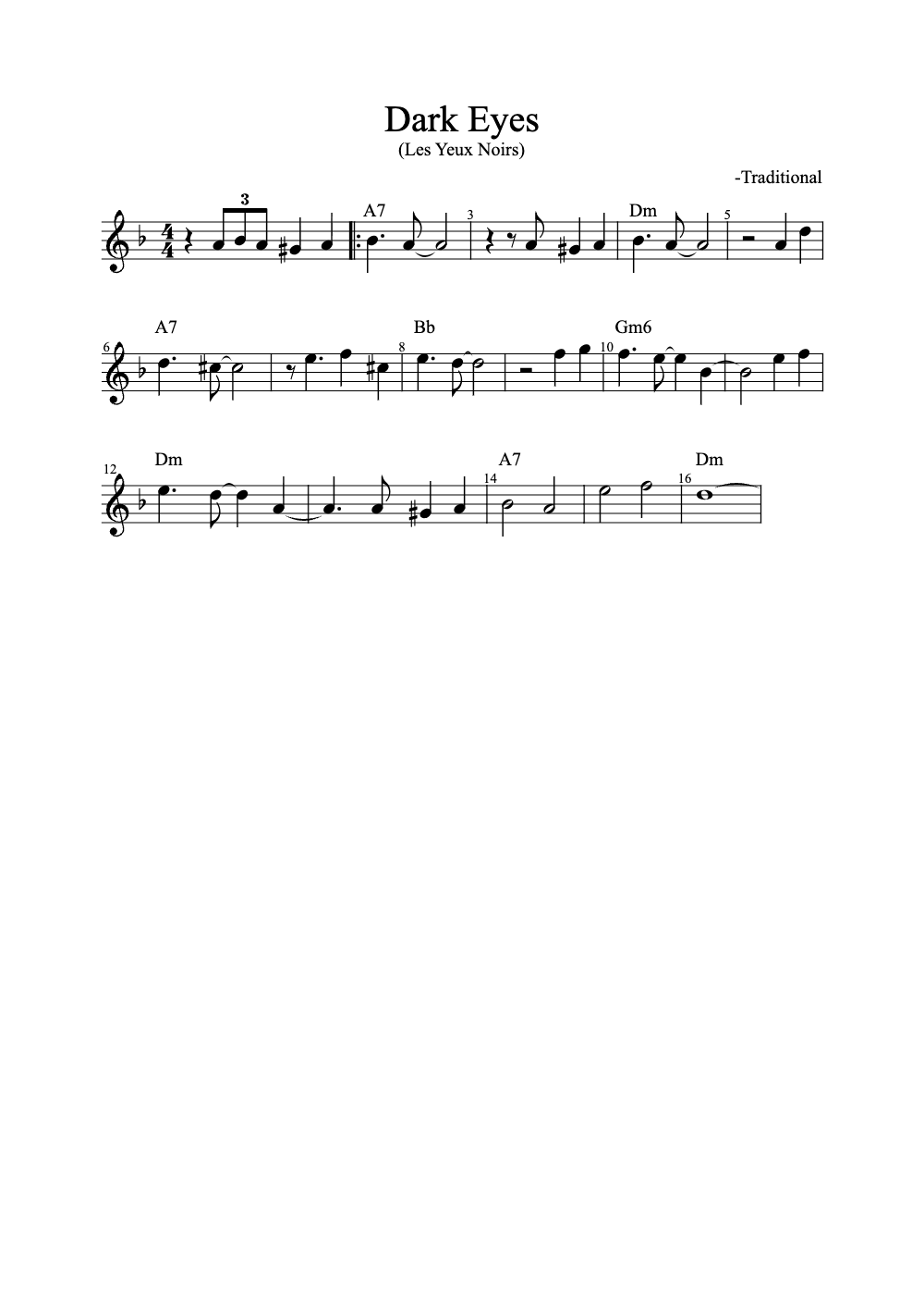 Sheet music preview for Dark Eyes