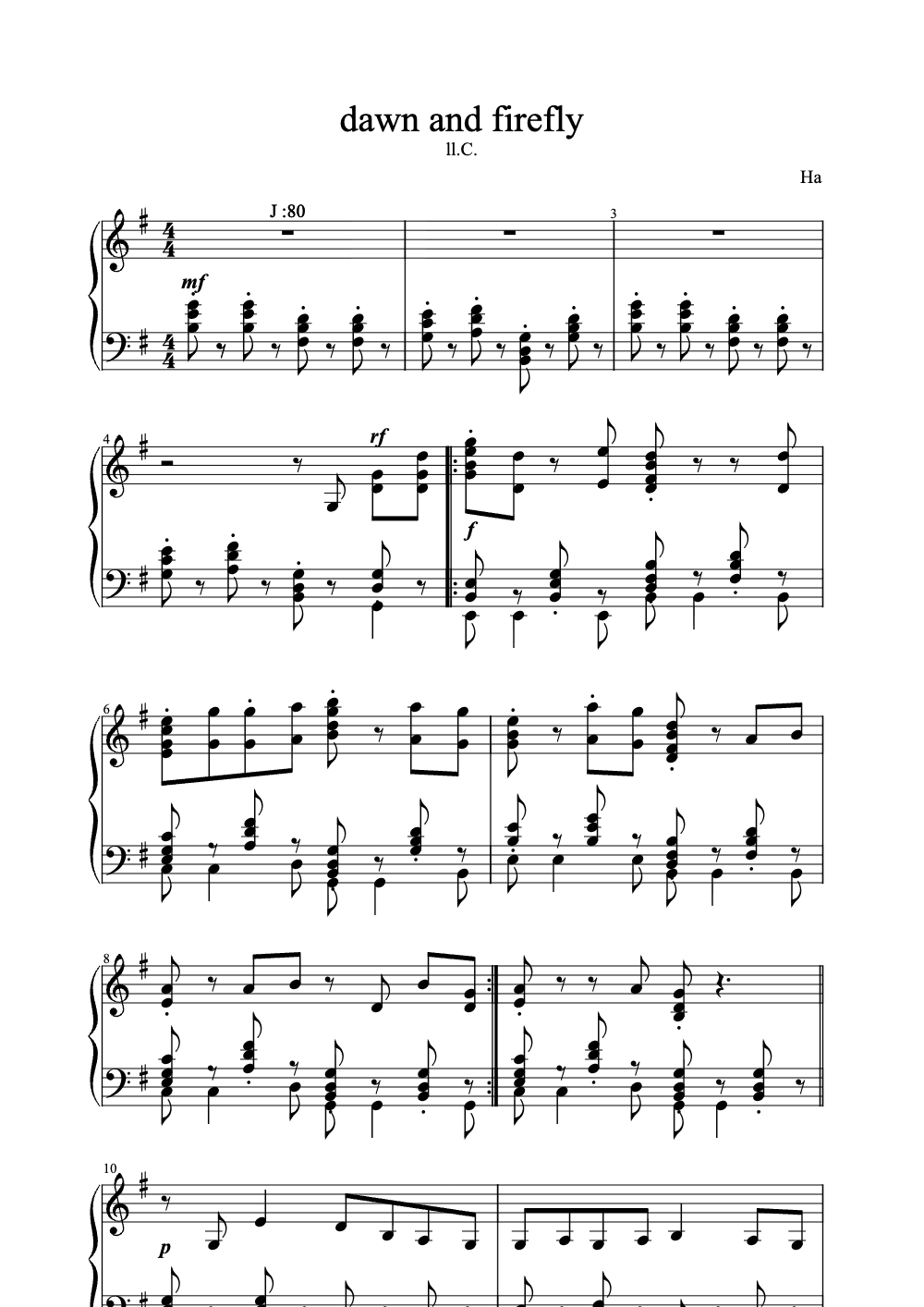 Sheet music preview for Dawn and Firefly