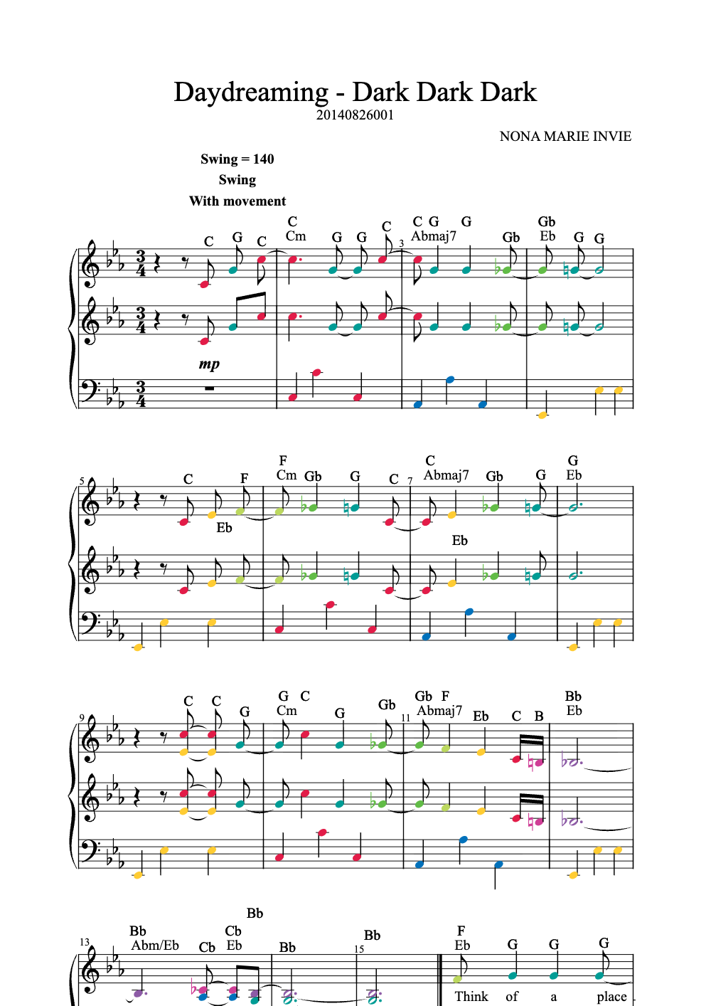Sheet music preview for Daydreaming - Dark Dark Dark