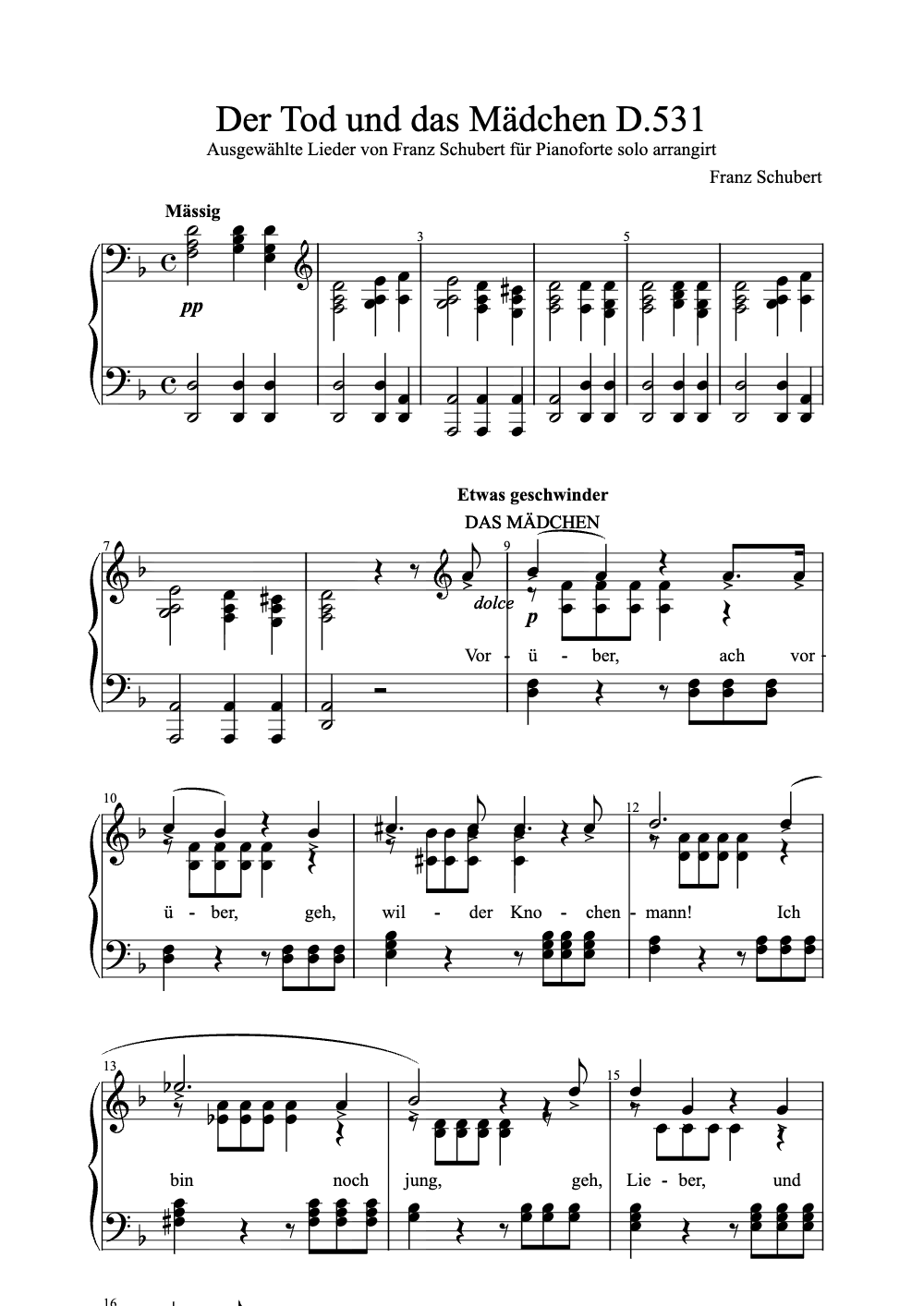 Sheet music preview for Der Tod Und Das Mädchen