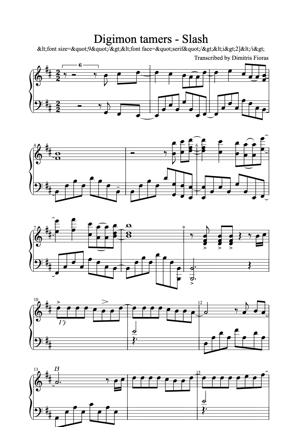 Sheet music preview for Digimon Tamers - Slash