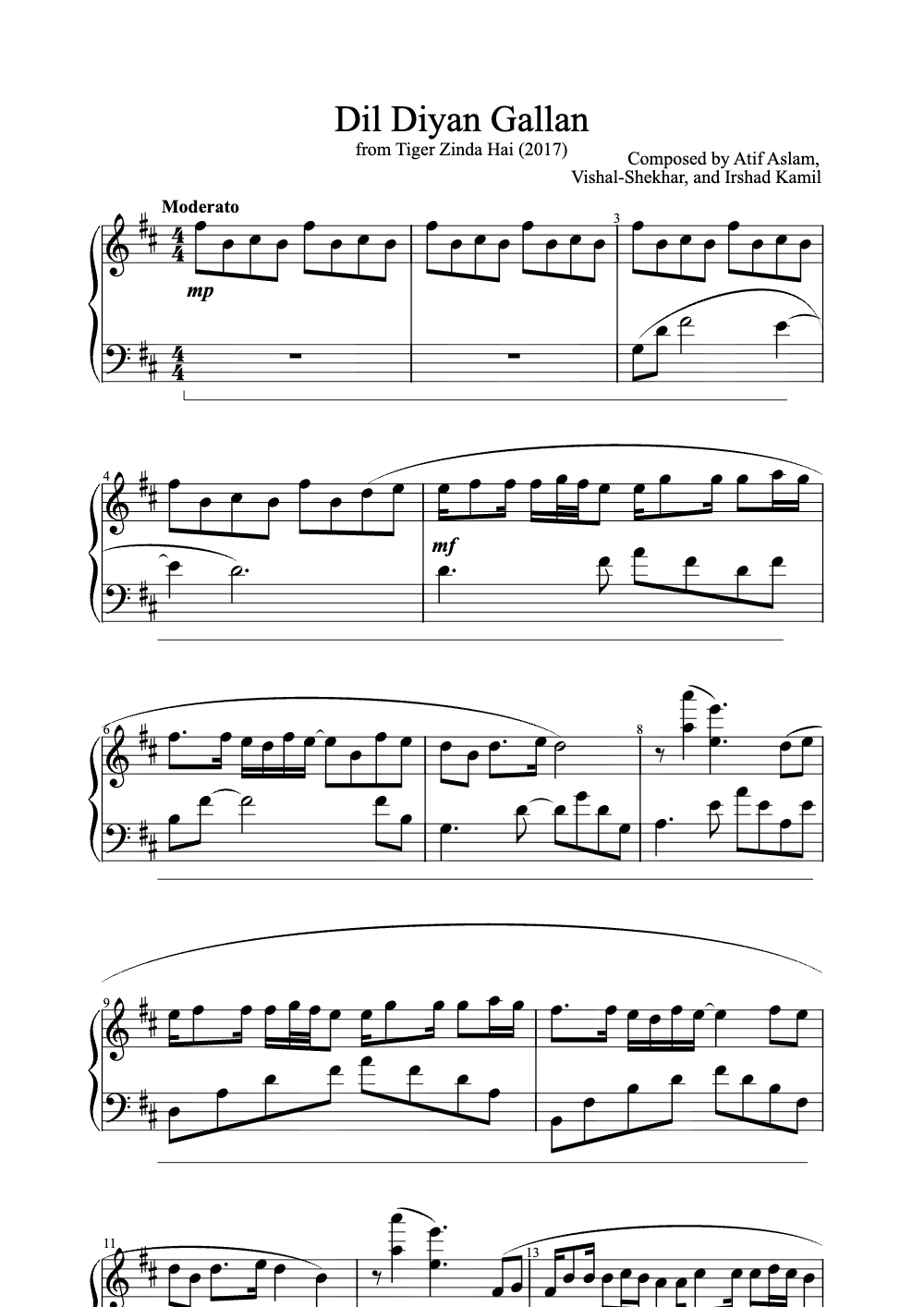 Sheet music preview for Dil Diyan Gallan