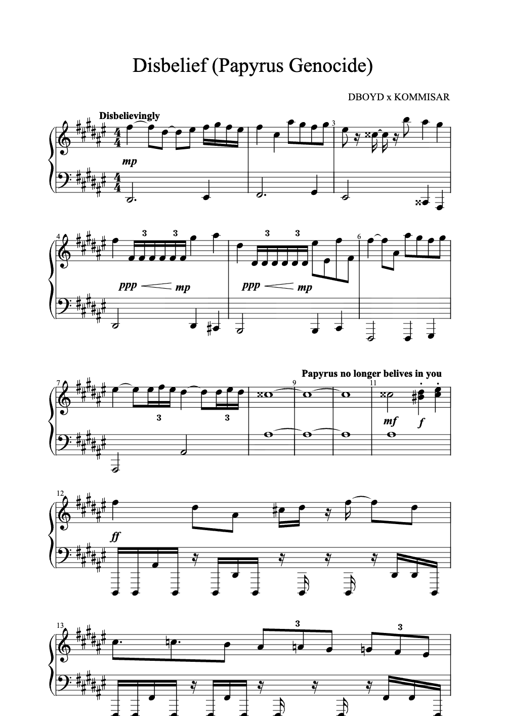 Sheet music preview for Disbelief (Papyrus Genocide)