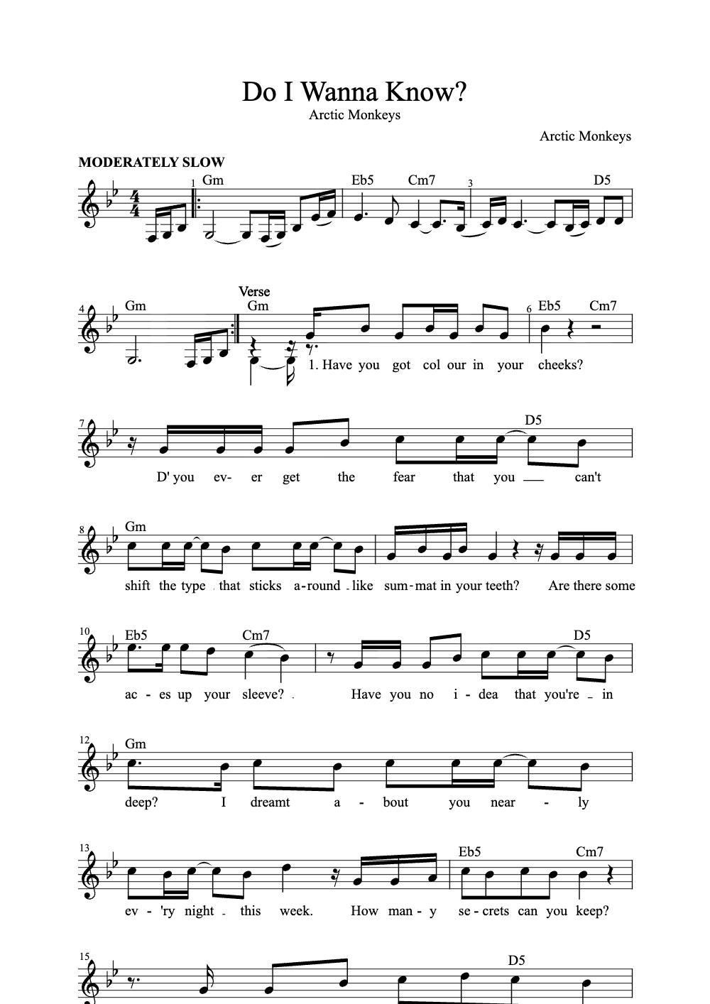 Sheet music preview for Do I Wanna Know?